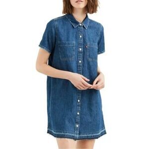 Levi’s Denim Shirt Dress Short Sleeve Button Front Raw Hem XL Cotton